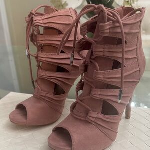 Shoe Dazzle Dusty Rose Lace-Up Peep Toe Stiletto Booties